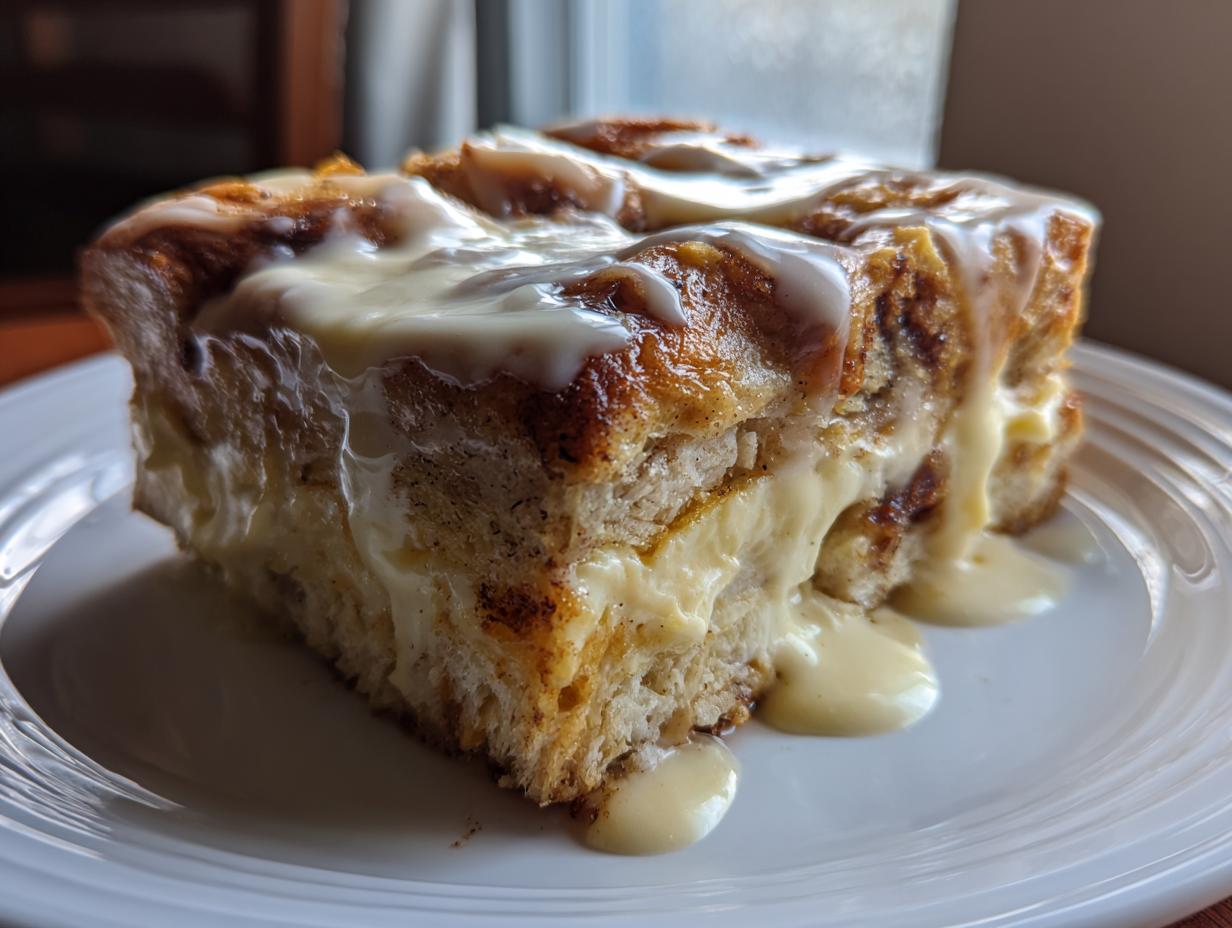 A thick slice of cinnamon roll french toast covered in dripping vanilla glaze, served on a white plate.