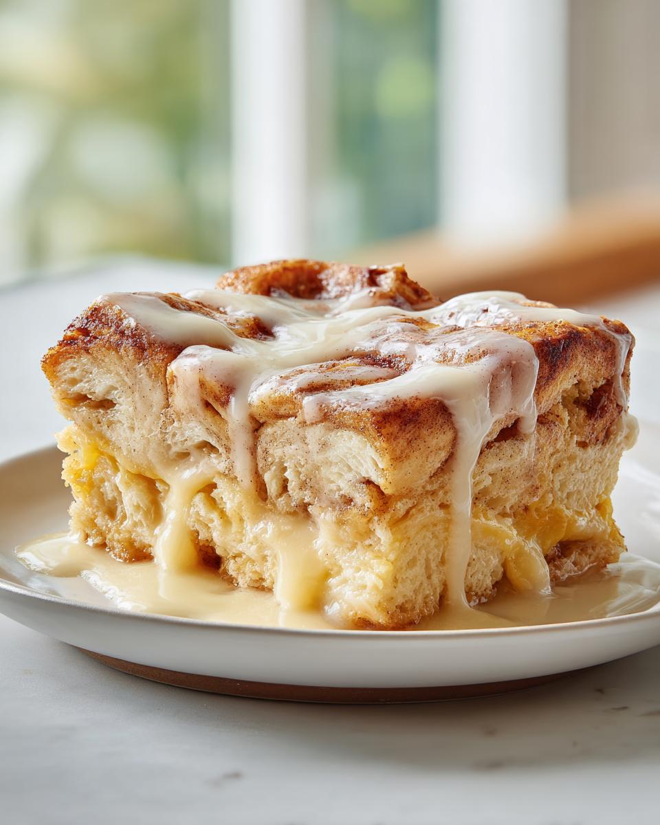 A close-up of a square serving of cinnamon roll french toast drenched in thick, creamy icing.