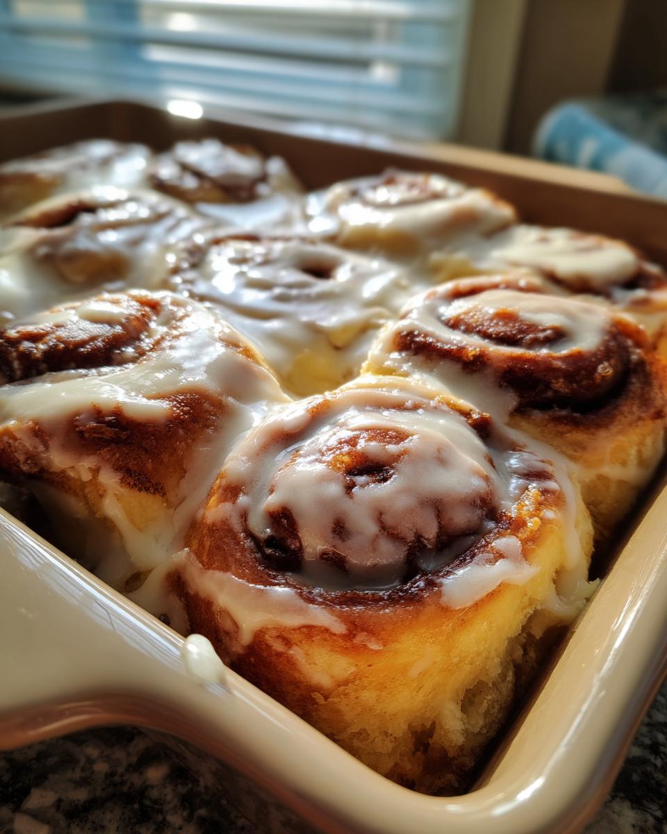 Close-up of warm, golden cinnamon rolls with heavy cream icing baked in a square pan.
