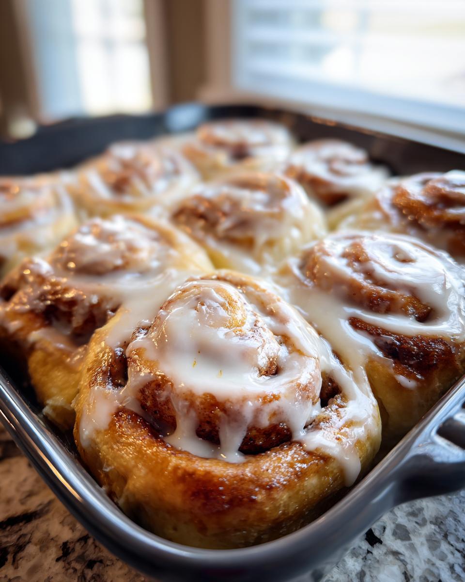 Close-up of warm, gooey cinnamon rolls with heavy cream glaze baked in a pan.