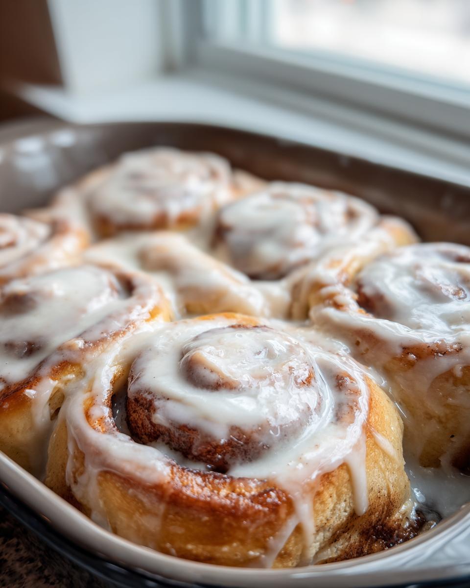 Close-up of freshly baked cinnamon rolls with heavy cream icing generously drizzled over them in a baking dish.