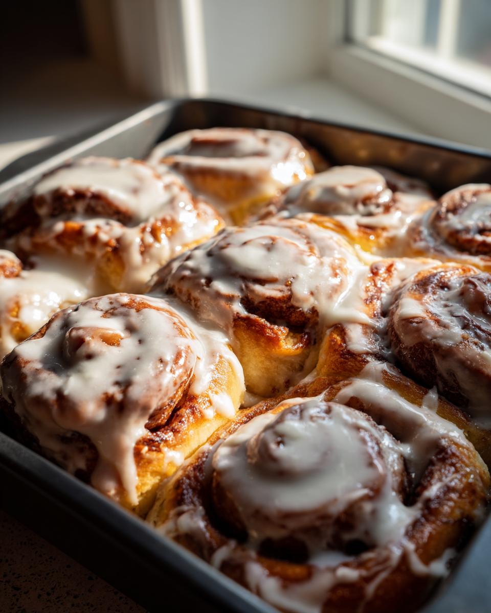 Close-up of warm, gooey cinnamon rolls with heavy cream icing baked together in a pan.