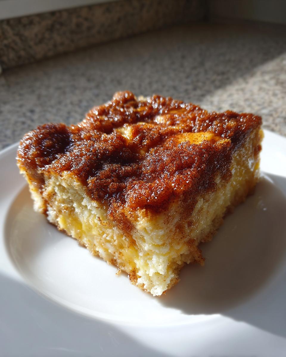 Close-up of a square slice of baked french toast with a thick, gooey cinnamon-sugar topping.