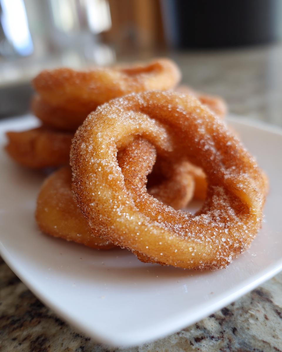 A close-up of golden brown, ring-shaped buñuelos generously coated in cinnamon sugar, resting on a white plate.