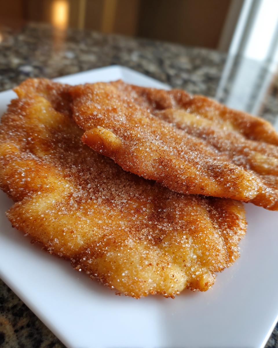 Two golden-brown, freshly fried buñuelos generously coated in cinnamon sugar resting on a white plate.