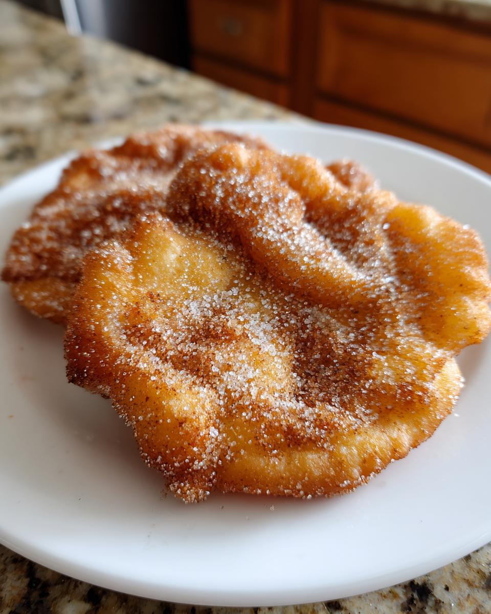 Two golden-brown, puffy buñuelos generously coated in cinnamon sugar, resting on a white plate.