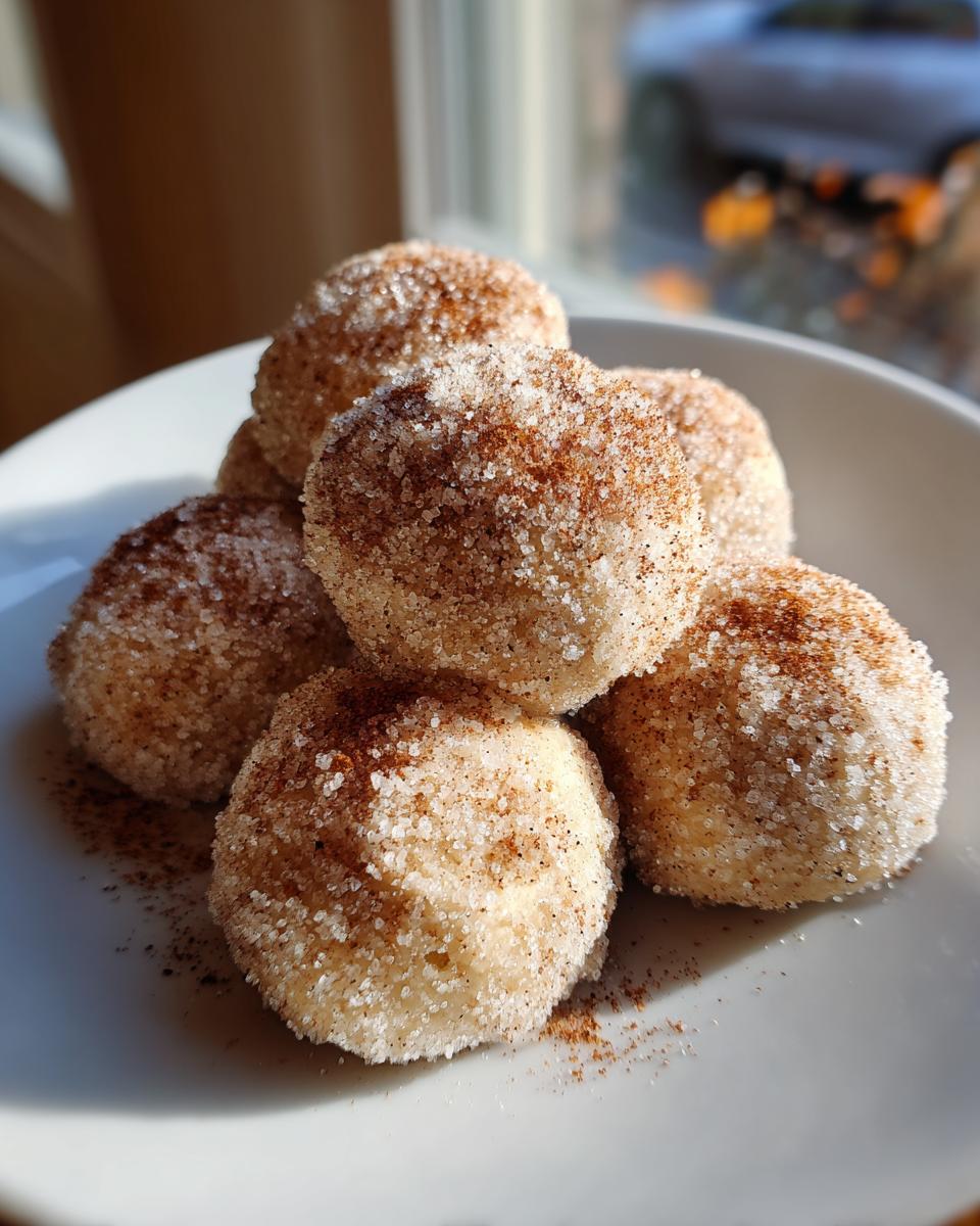 Close-up of several freshly made cinnamon sugar snowball cookies stacked on a white plate, heavily coated in sparkling sugar.