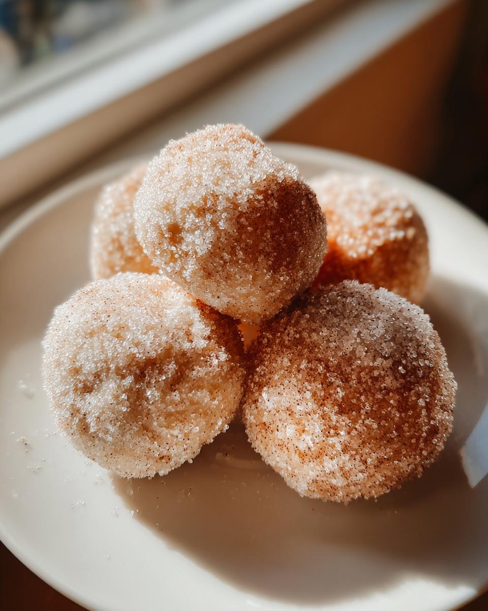 A stack of four perfectly round cinnamon sugar snowball cookies heavily coated in sparkling sugar mixture.
