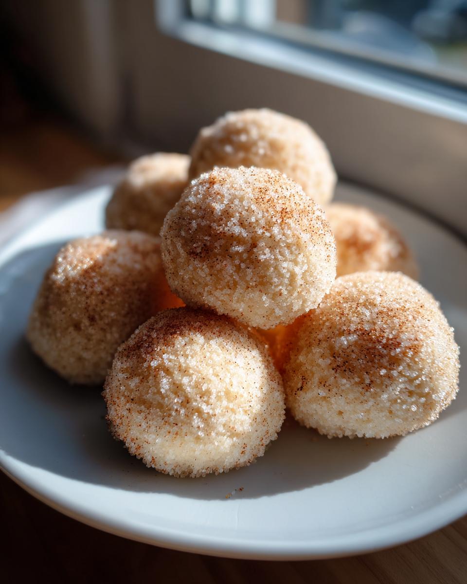 A stack of freshly made cinnamon sugar snowball cookies coated in sparkling sugar and cinnamon, sitting on a light blue plate.