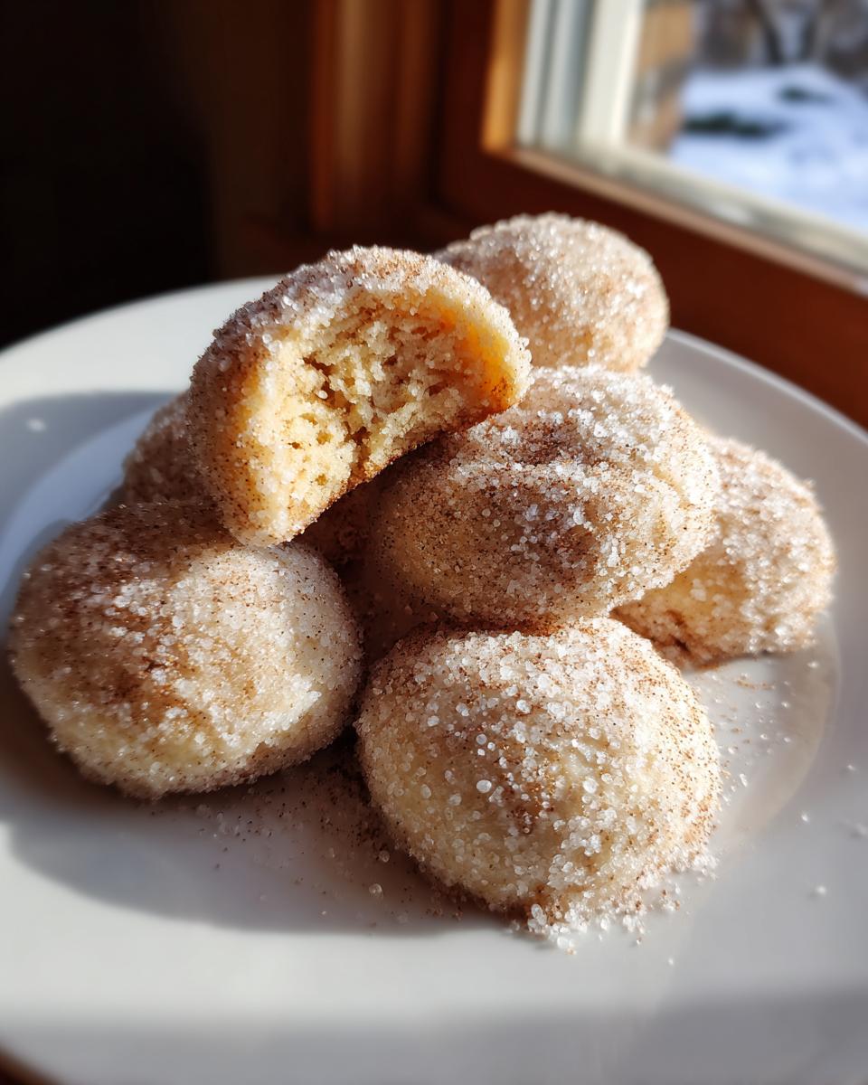A stack of delicious cinnamon sugar snowball cookies coated heavily in granulated sugar and cinnamon.