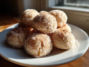 A stack of freshly baked cinnamon sugar snowball cookies heavily coated in sparkling sugar and cinnamon mix.
