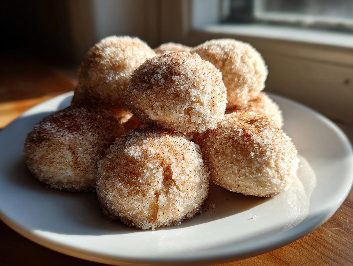 A stack of freshly baked cinnamon sugar snowball cookies heavily coated in sparkling sugar and cinnamon mix.