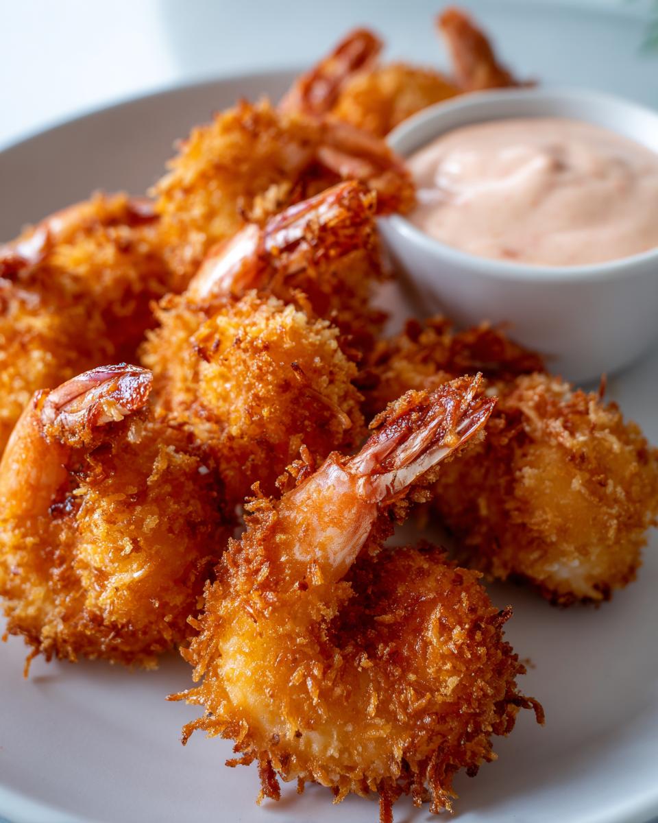 Close-up of crispy, golden brown coconut shrimp served on a plate with a side of creamy dipping sauce.