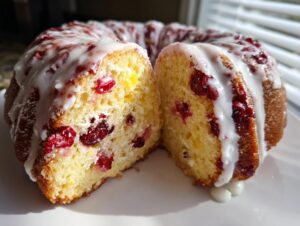 A close-up, featured image of a cranberry orange cake, sliced to show the interior filled with cranberries, topped with a thick white glaze.