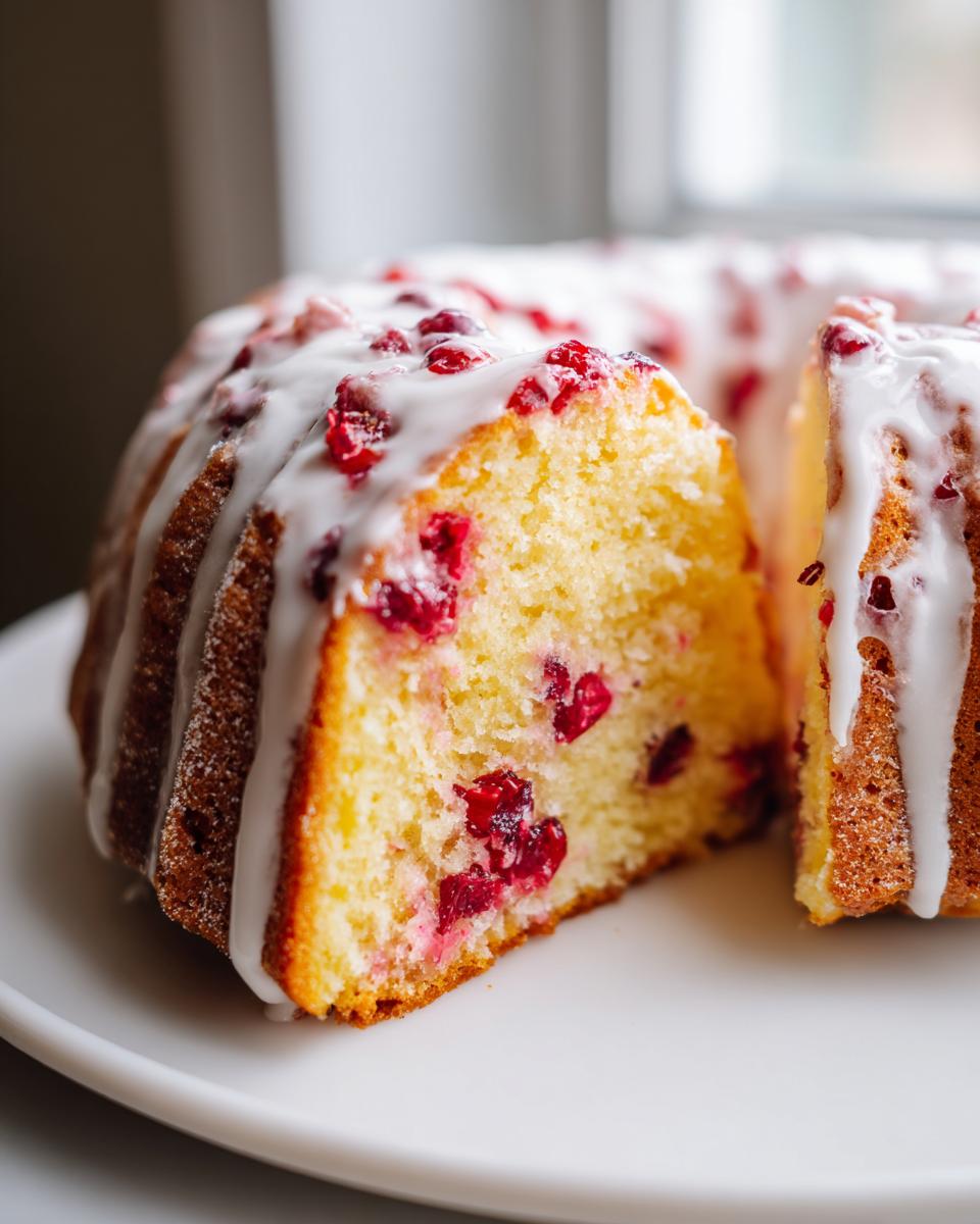 Close-up of a slice cut from a cranberry orange cake, showing bright red cranberries inside and drizzled with white icing.
