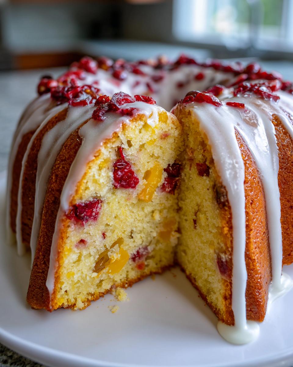 A slice cut from a bundt-style cranberry orange cake, topped with white glaze and dried cranberries.