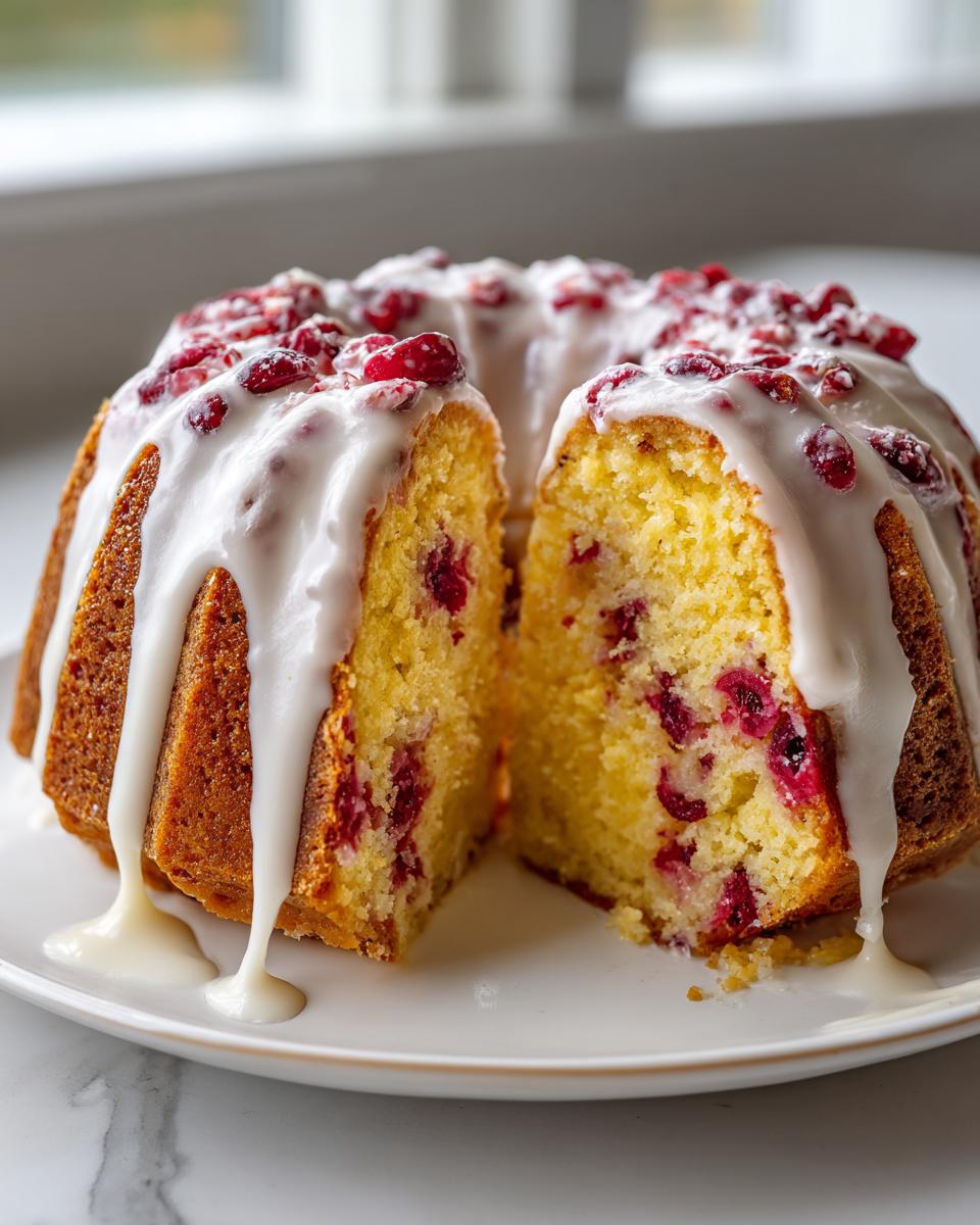 A bundt-style cranberry orange cake sliced in half, topped with white glaze and fresh cranberries.