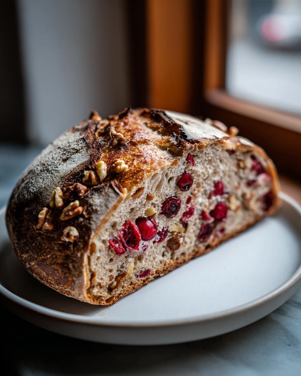 A close-up of a sliced loaf of homemade cranberry walnut bread showing bright red cranberries and walnuts inside the crumb.