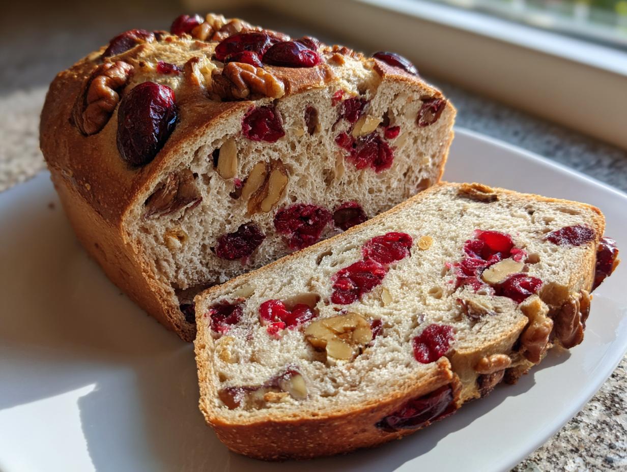 A loaf of homemade cranberry walnut bread, partially sliced, showing visible cranberries and walnuts throughout the crumb.