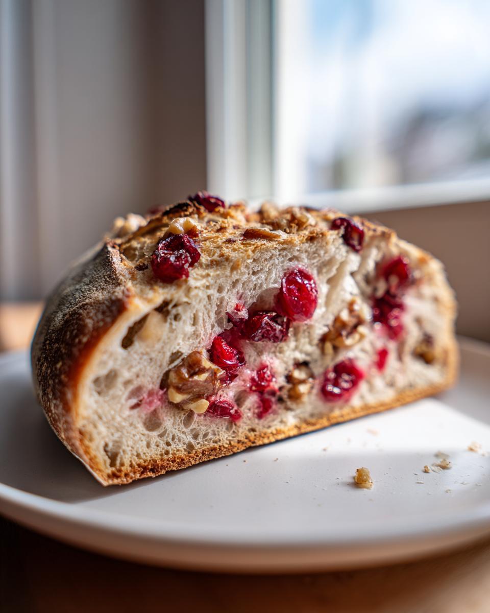 Cross-section of homemade cranberry walnut bread showing bright red cranberries and crunchy walnuts embedded in the soft crumb.