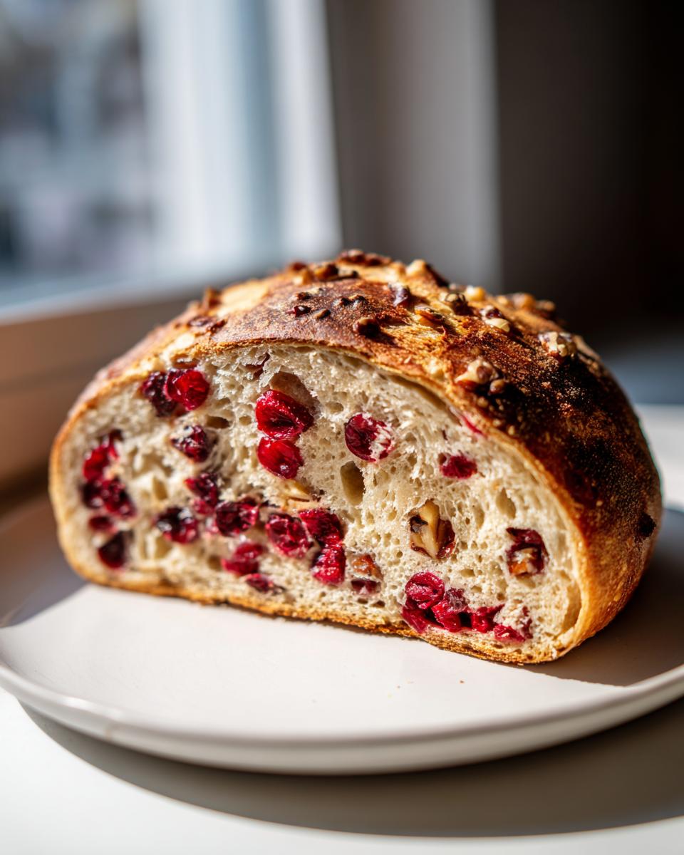 A close-up cross-section of homemade cranberry walnut bread showing bright red cranberries and walnuts baked into the airy crumb.