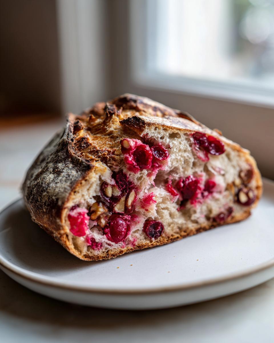 A close-up of a loaf's cross-section showing bright red cranberries and walnuts inside the amazing cranberry walnut bread.