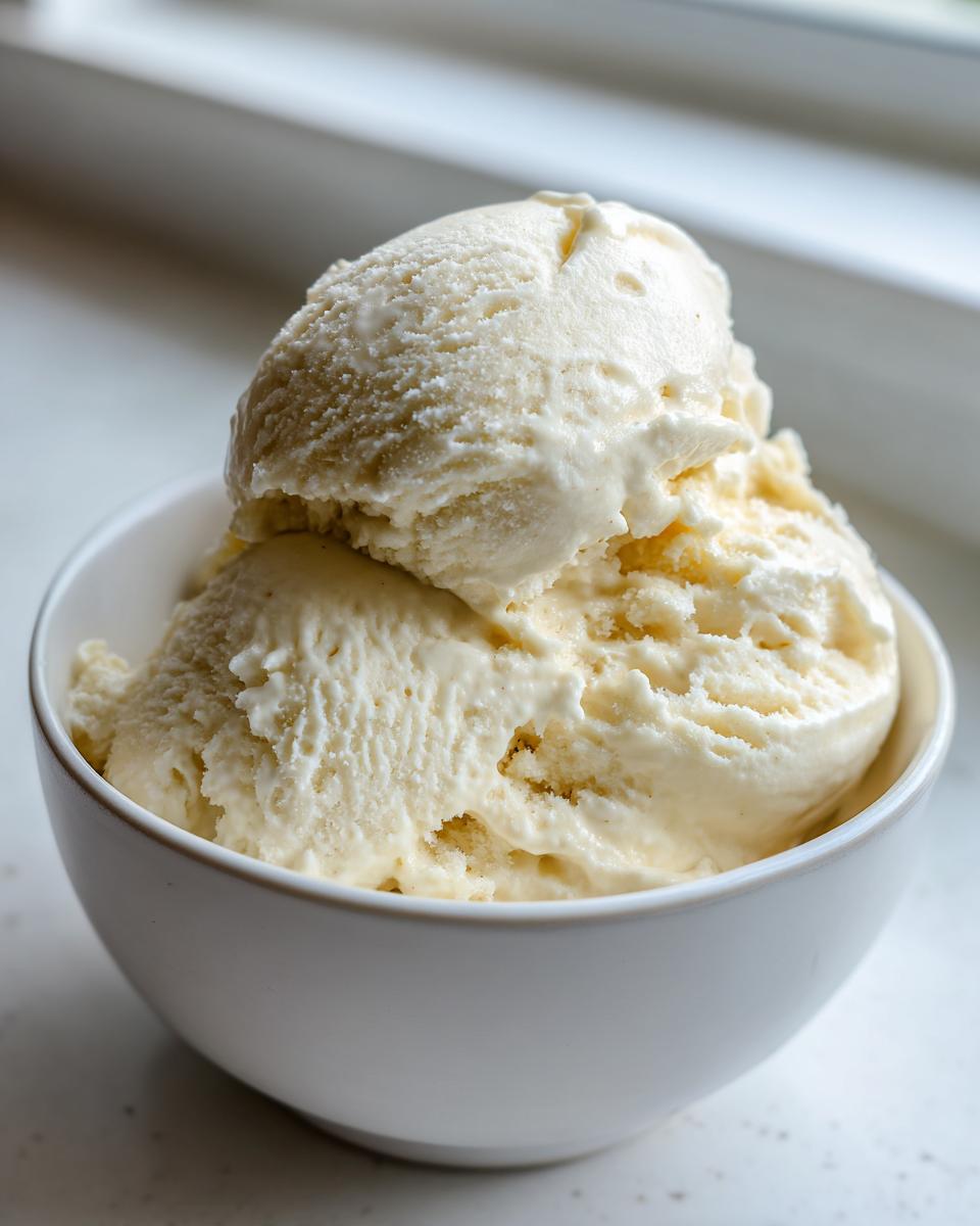 Two generous scoops of creamy, pale yellow banana ice cream served in a small white bowl.