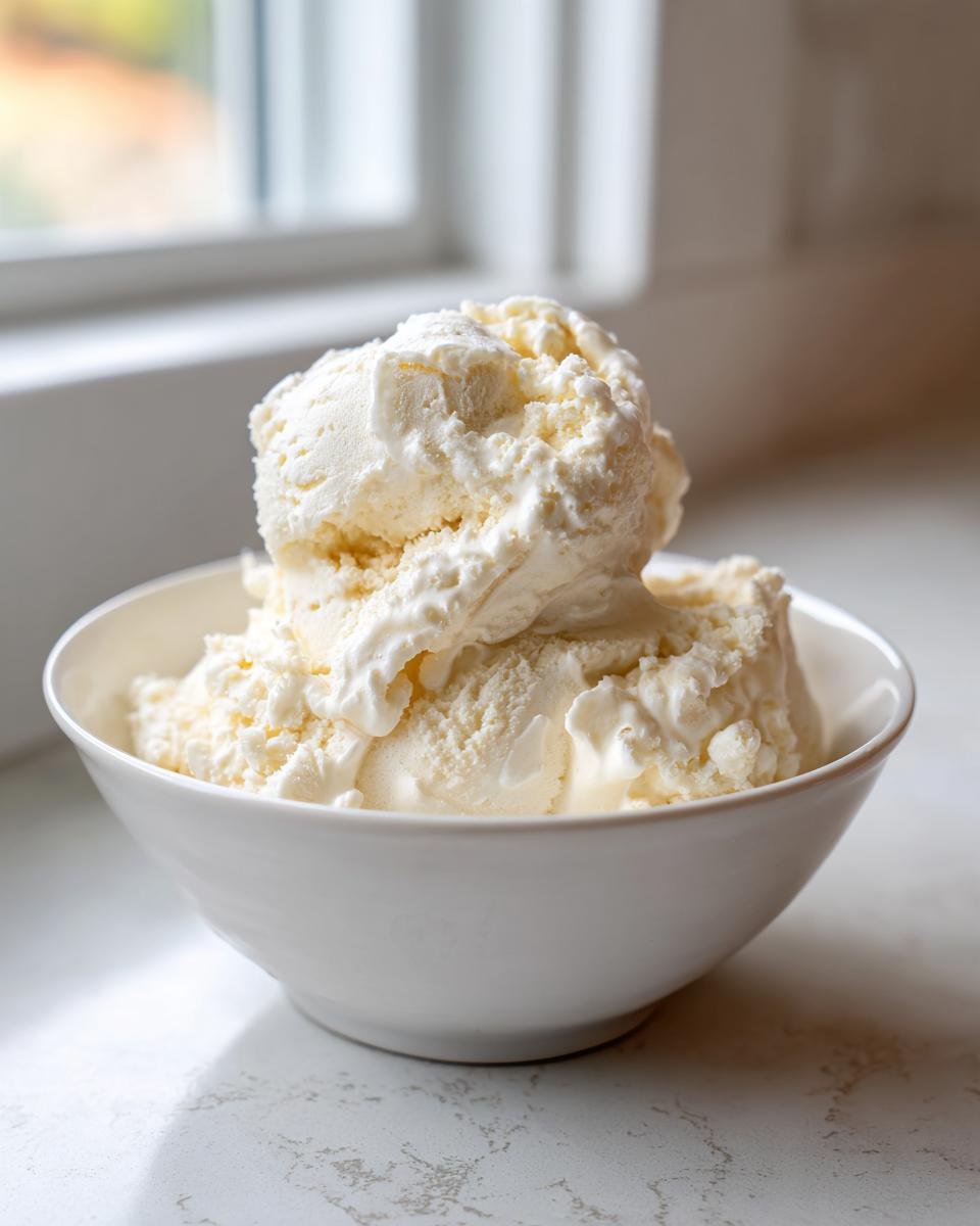 Several scoops of creamy, pale yellow banana ice cream piled high in a white bowl.