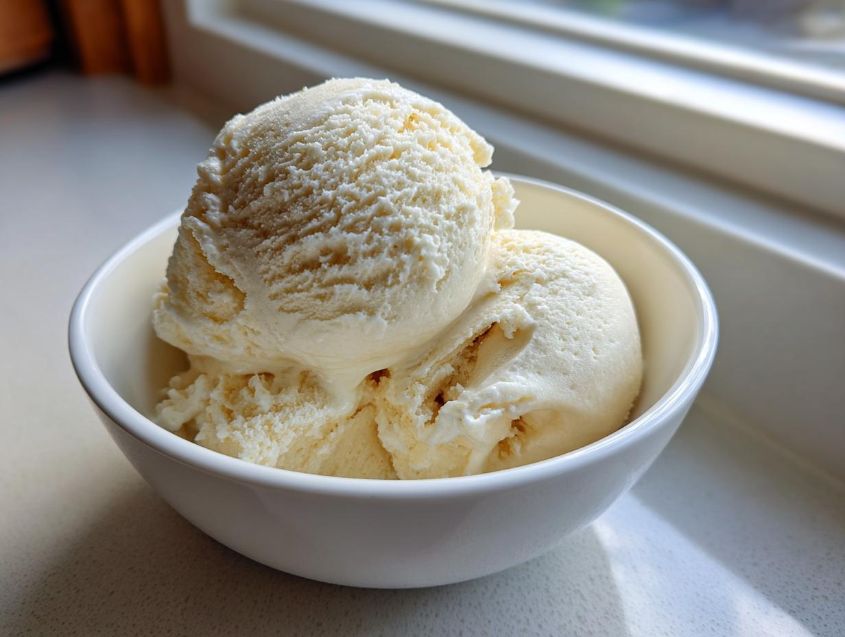 Two scoops of creamy, pale yellow banana ice cream served in a small white bowl near a window.