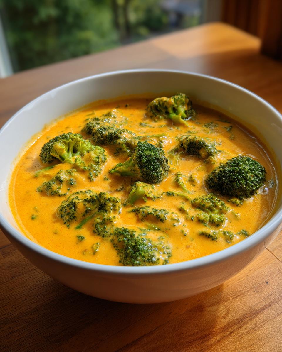 A close-up of a white bowl filled with vibrant orange broccoli cheddar soup, featuring large florets of bright green broccoli.