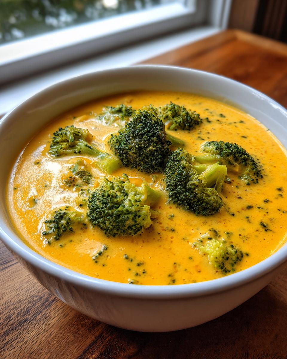 Close-up of a white bowl filled with creamy, vibrant orange broccoli cheddar soup topped with large florets.