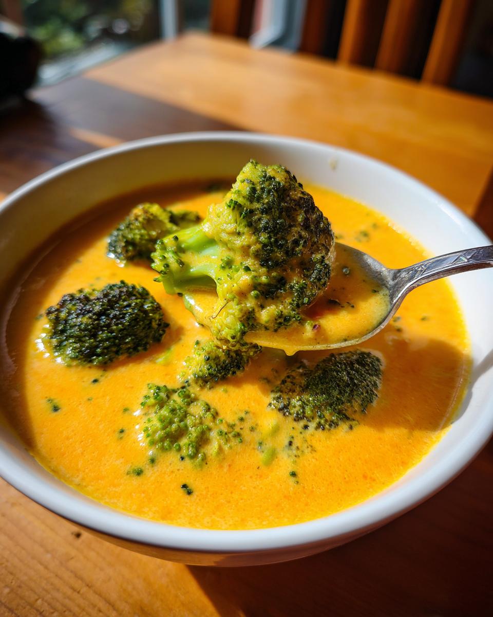 A spoonful of rich, orange broccoli cheddar soup is lifted from a white bowl, showing large, vibrant green broccoli florets.