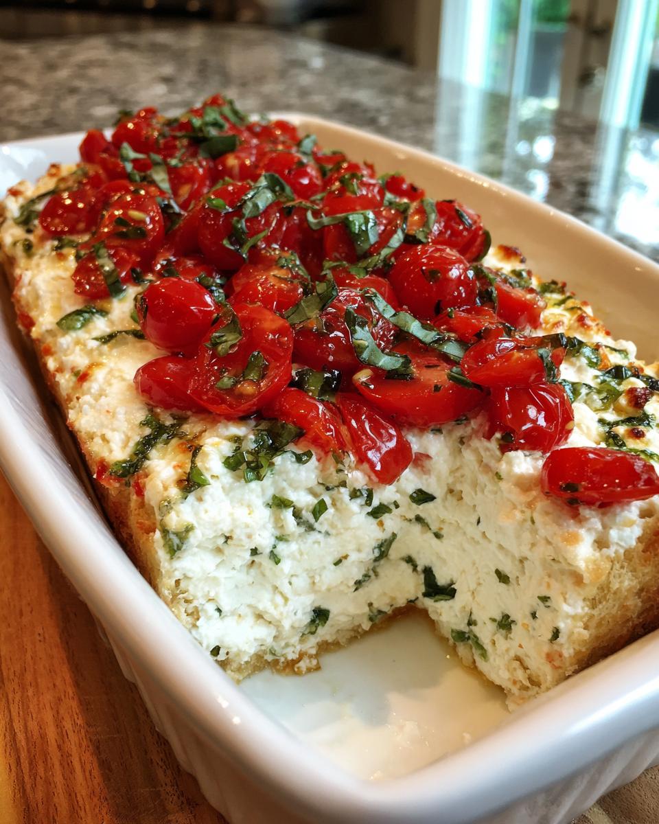 A portion of creamy bruschetta dip topped with roasted cherry tomatoes and fresh basil in a white baking dish.