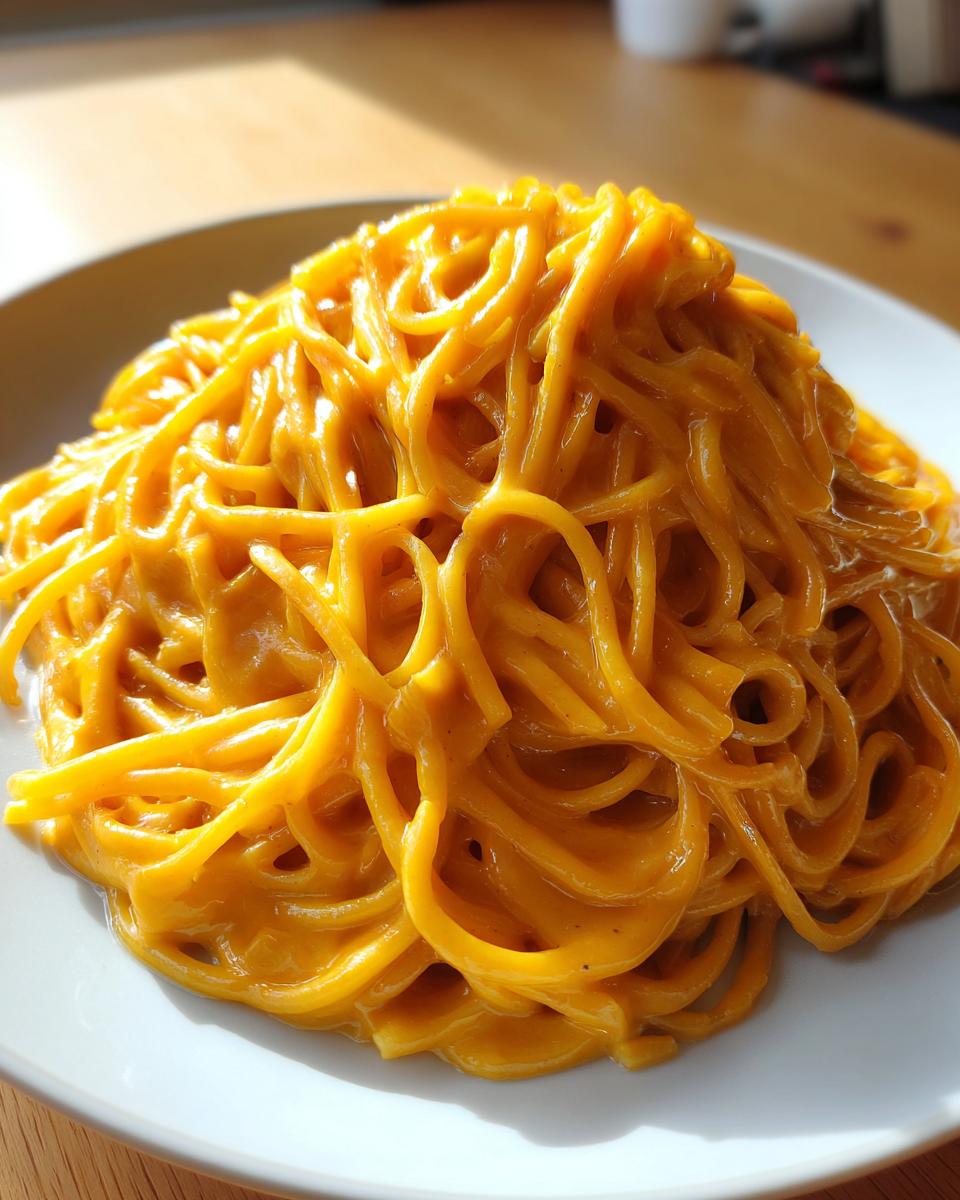 Close-up of spaghetti noodles coated generously in a vibrant, creamy butternut squash pasta sauce.