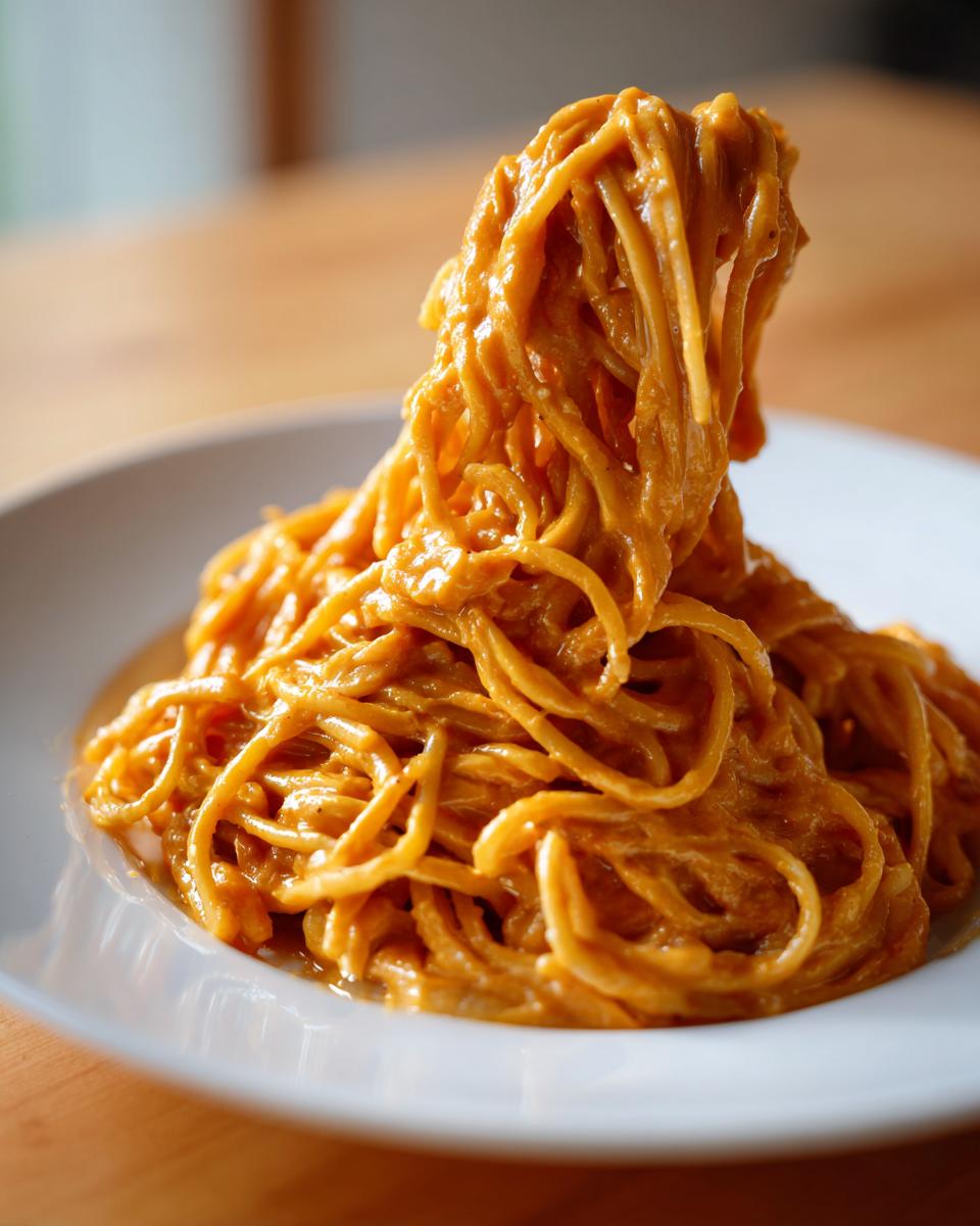 A serving of spaghetti heavily coated in a rich, orange butternut squash pasta sauce, being lifted high on a fork.