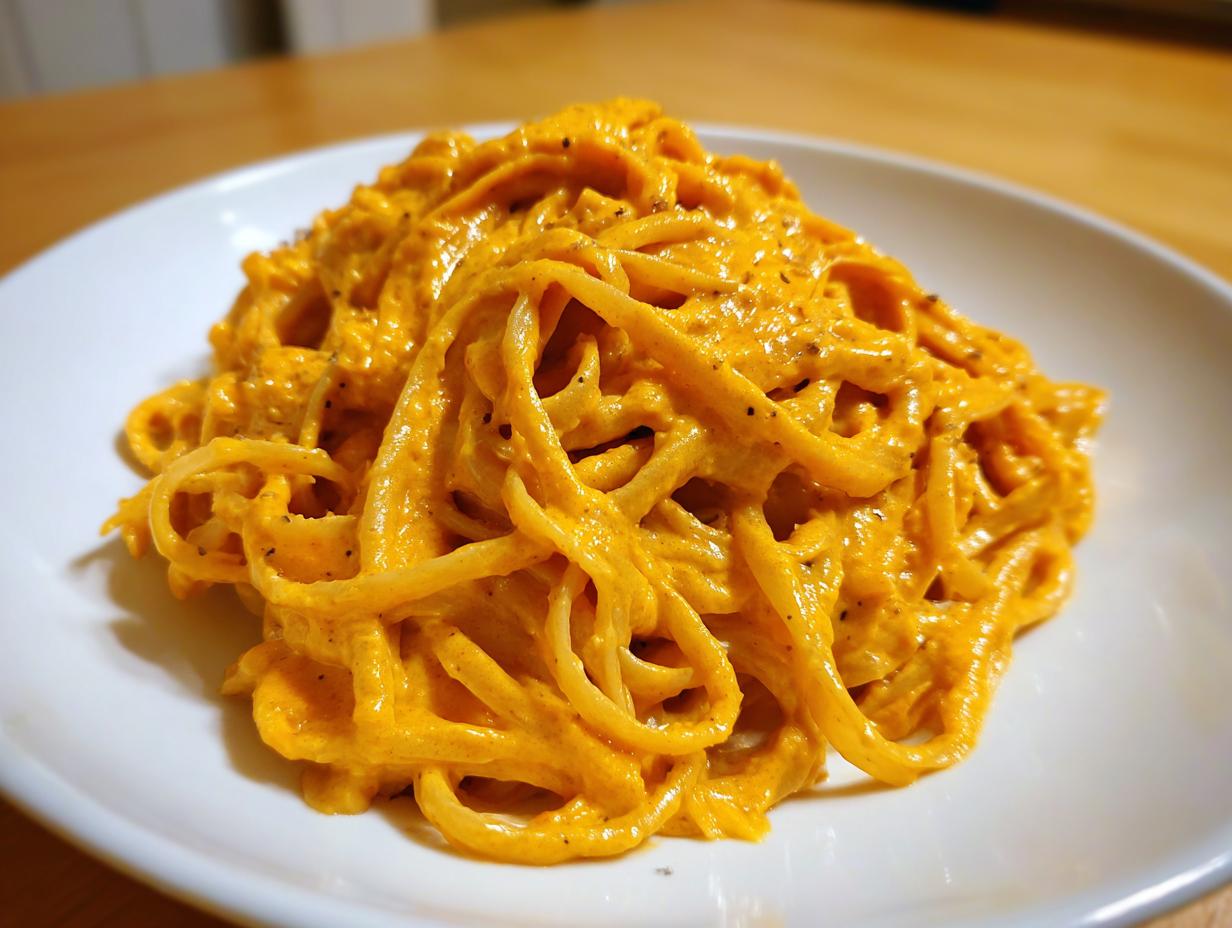 Close-up of spaghetti noodles coated generously in a creamy, vibrant orange butternut squash pasta sauce.