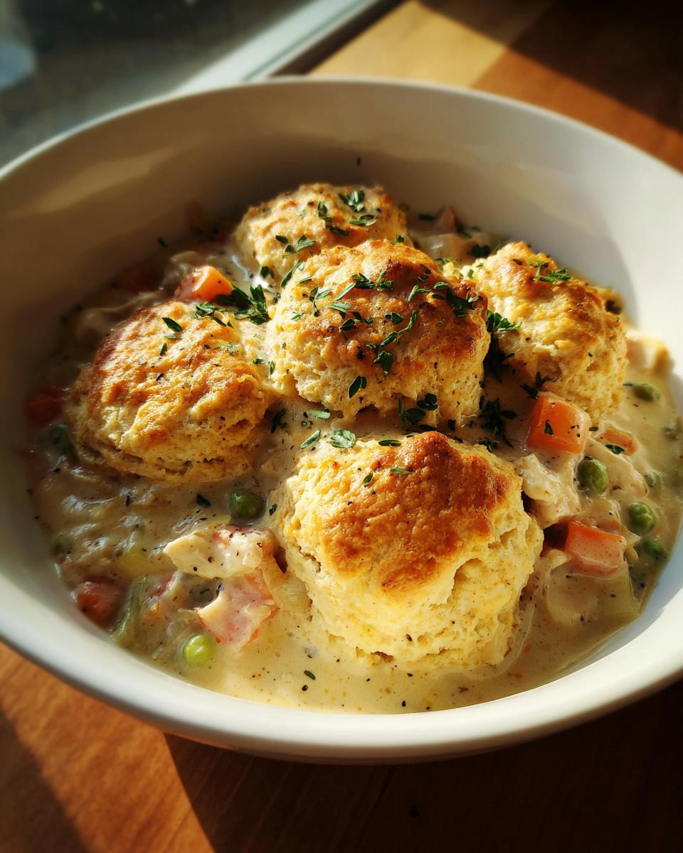 A close-up of a bowl filled with creamy chicken and dumplings with biscuits, garnished with parsley.