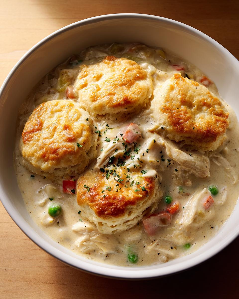 A close-up of a bowl of creamy chicken and dumplings with biscuits topping, garnished with parsley.