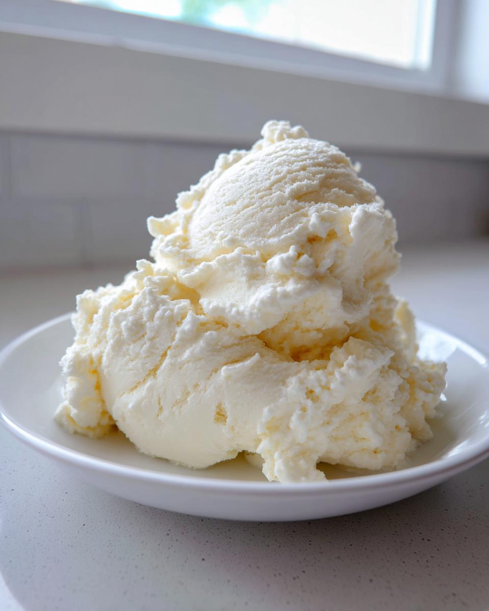 A generous serving of creamy, white cottage cheese ice cream scooped into a small white bowl.