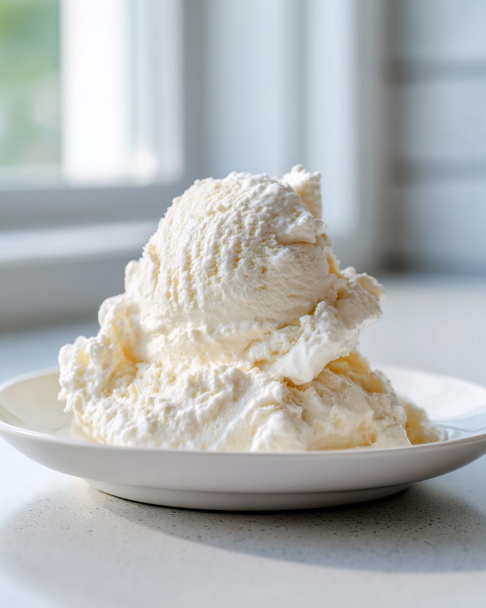 A generous serving of creamy, white cottage cheese ice cream scooped onto a small white plate.
