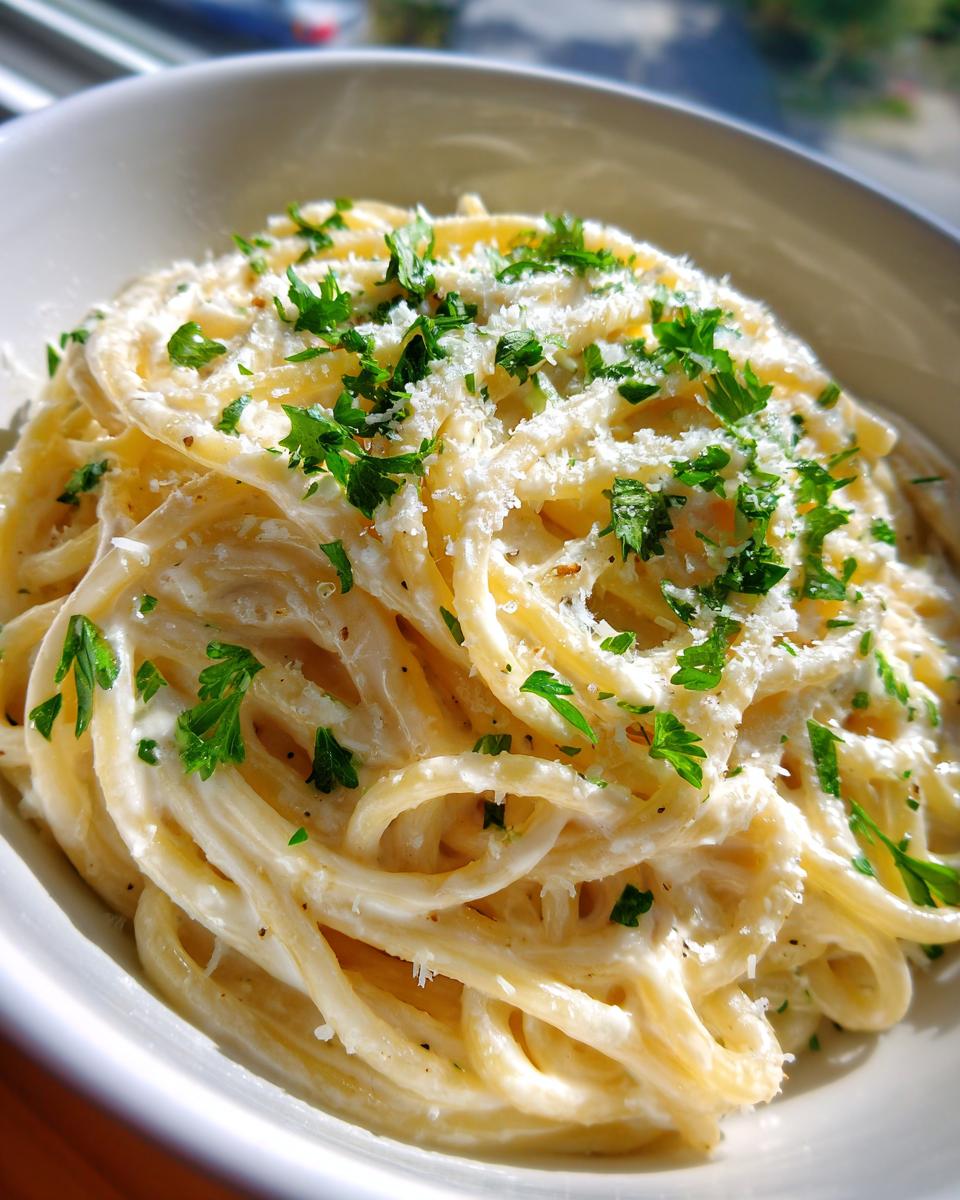 Close-up of creamy spaghetti tossed in a rich sauce, generously topped with grated cheese and fresh parsley for amazing garlic parmesan pasta.