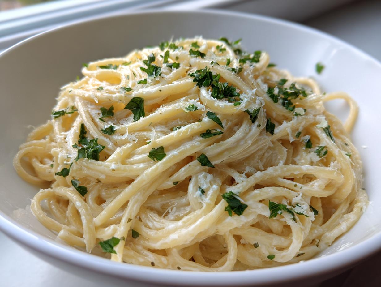 Close-up of creamy spaghetti tossed in a rich sauce, topped with grated cheese and fresh parsley, showcasing the amazing garlic parmesan pasta.