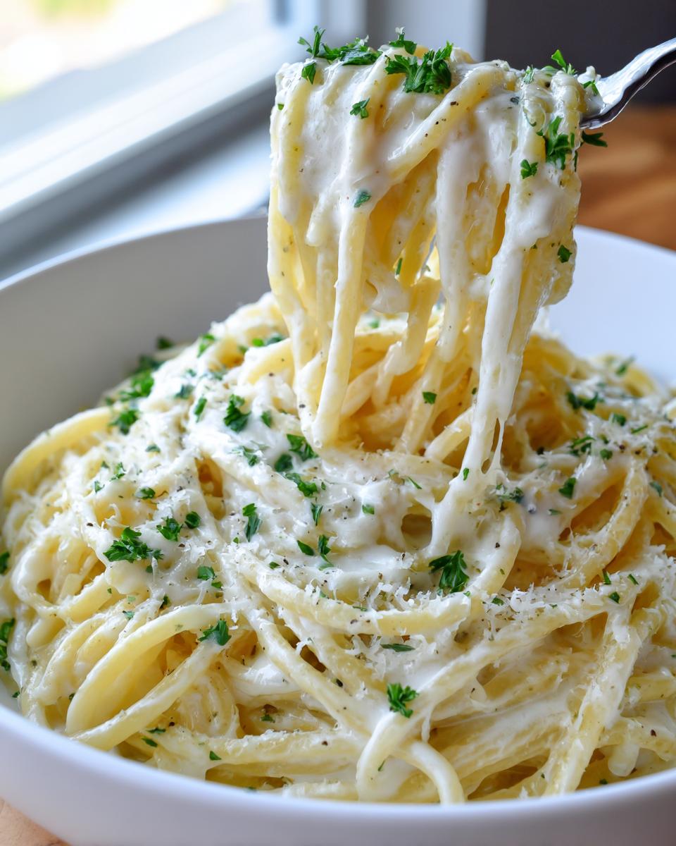 A fork lifts a generous portion of creamy garlic parmesan pasta, showing the cheesy sauce coating the noodles, topped with fresh parsley.