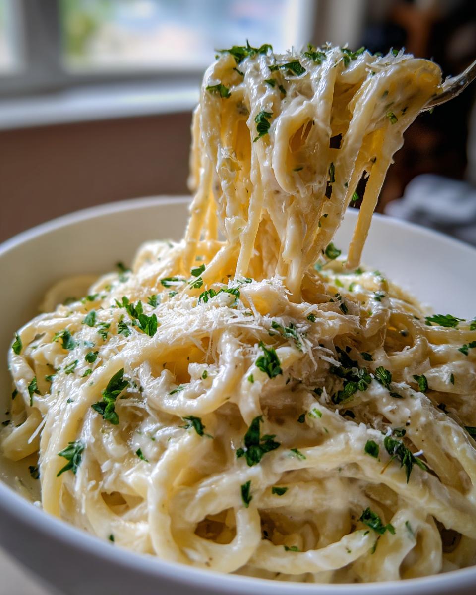 Close-up of spaghetti coated in creamy garlic parmesan sauce, lifted by a fork, topped with grated cheese and parsley.