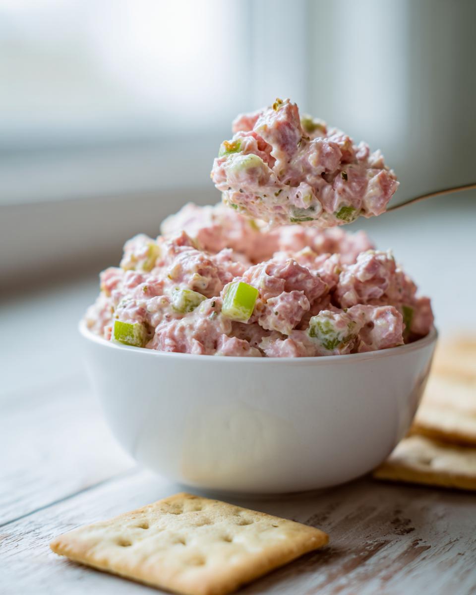 A spoonful of creamy ham salad recipe with visible celery chunks being lifted from a white bowl, served with crackers.