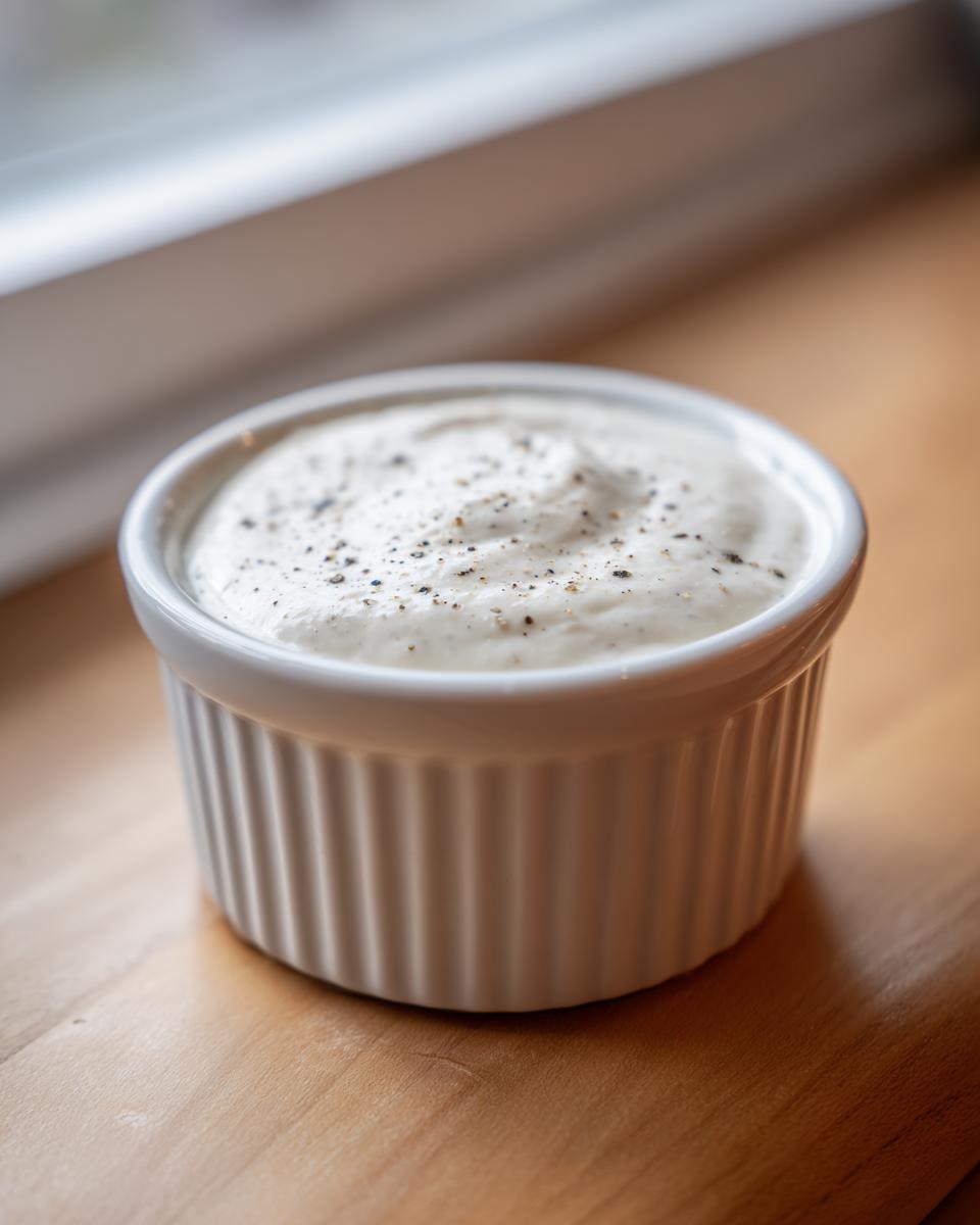 A small white ramekin filled with creamy horseradish sauce, topped with cracked black pepper.