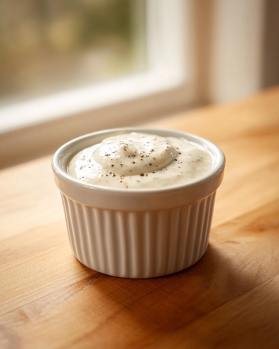 A small white ramekin filled with creamy horseradish sauce, topped with cracked black pepper.