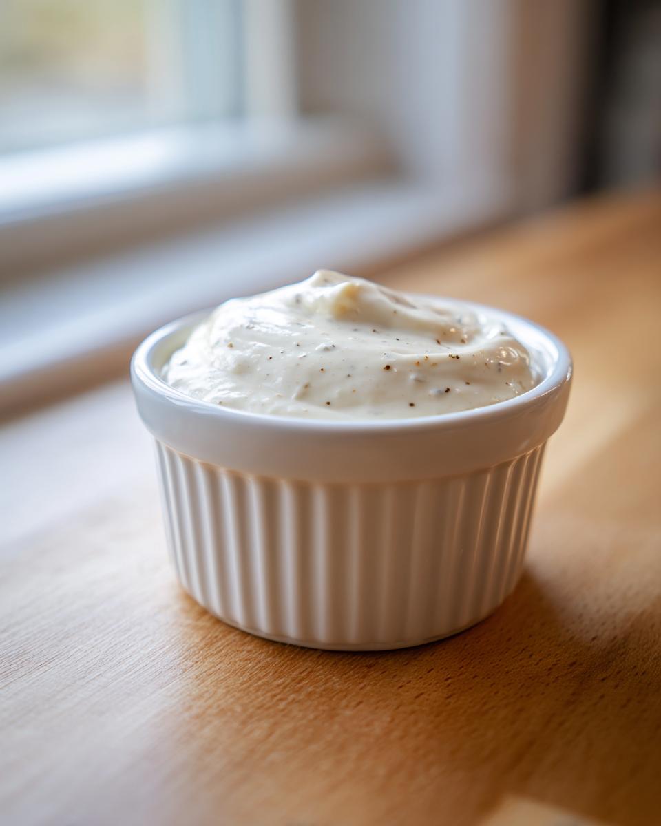 A small white ramekin filled with creamy horseradish sauce, speckled with black pepper, sitting on a wooden surface.