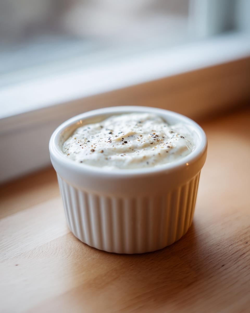 A small white ramekin filled with creamy horseradish sauce, topped with cracked black pepper.
