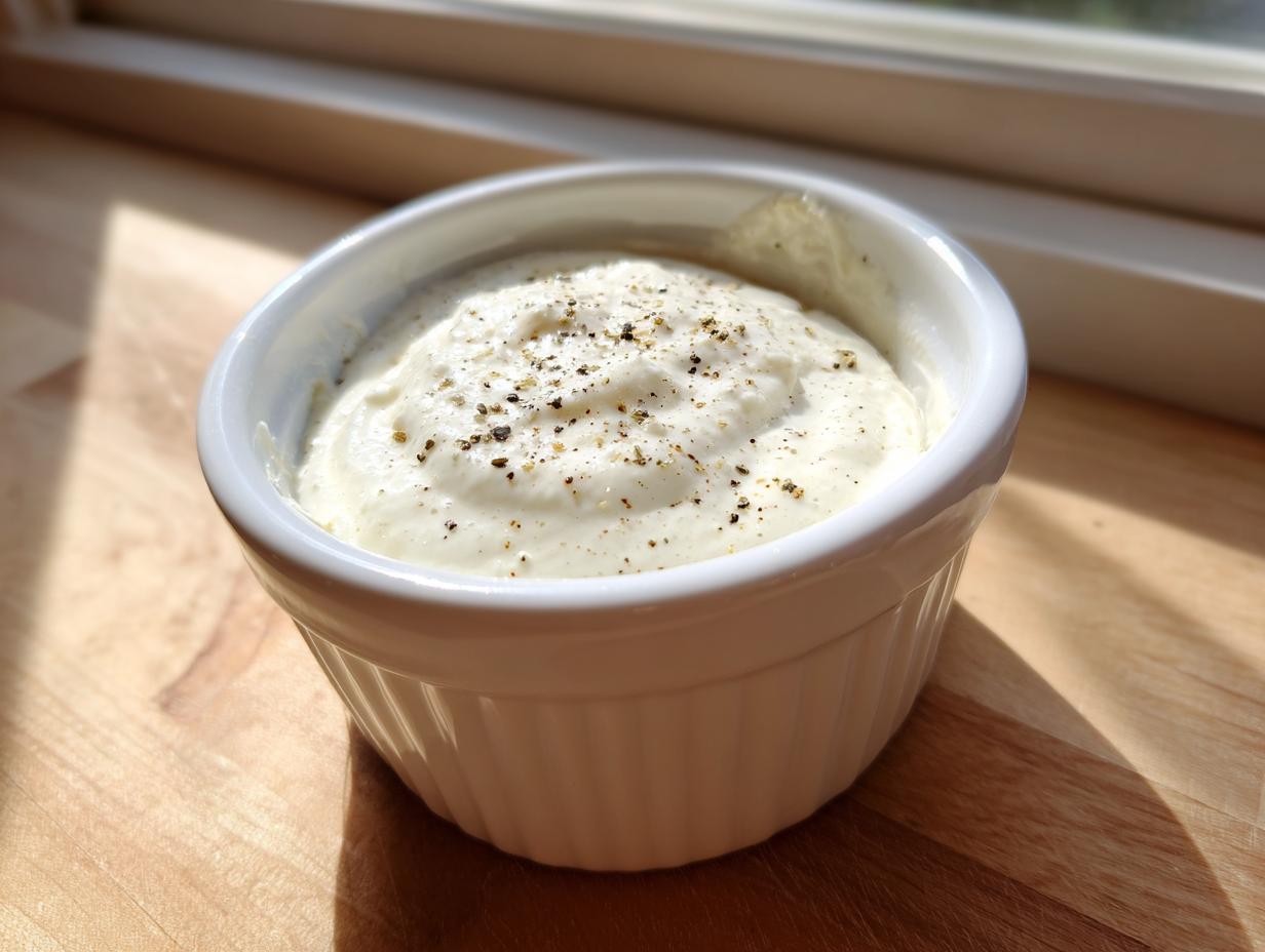 A small white ramekin filled with creamy horseradish sauce, topped with cracked black pepper.